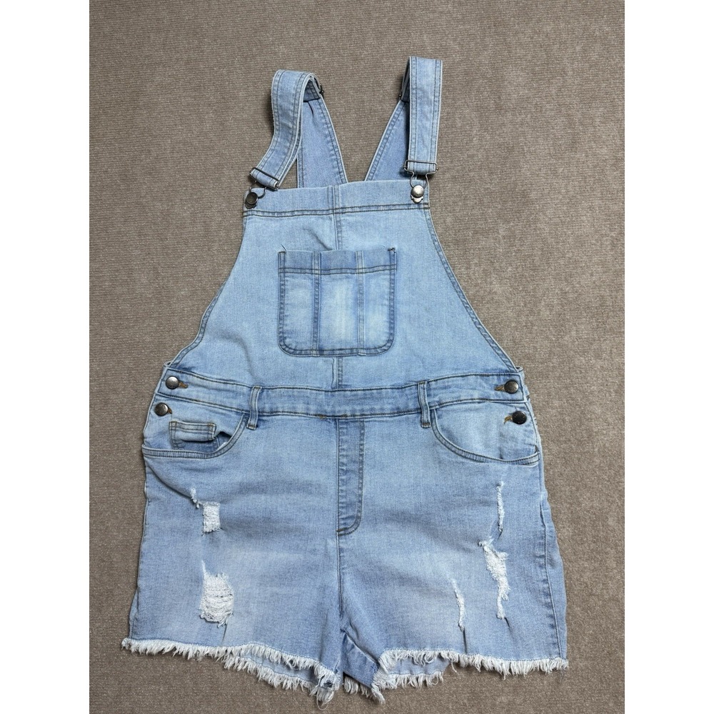Venus Denim Jean Bib overall shorts Sz 16‎ Distressed Raw hem Adjustable Country